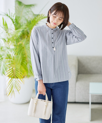ストライプ バンドカラー ブラウス
