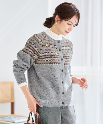 ウールブレンド フェアアイル柄 ニットカーディガン 【手洗いOK】