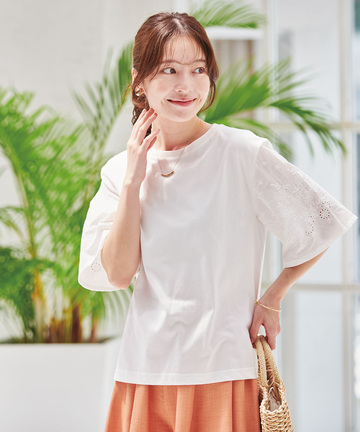 コットン 五分袖 刺繍 Tシャツ