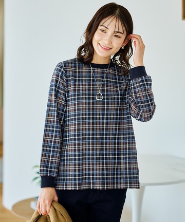 チェック柄 リブ配色 プルオーバー