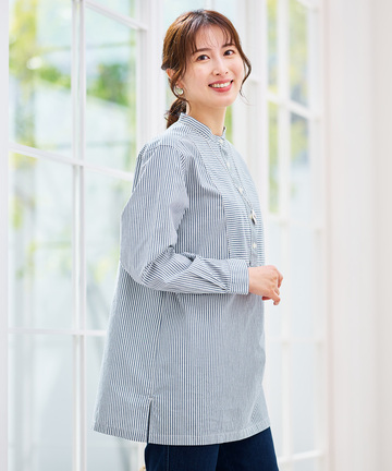 ストライプ切り替え バンドカラー チュニック【オンラインショップ・一部店舗限定】