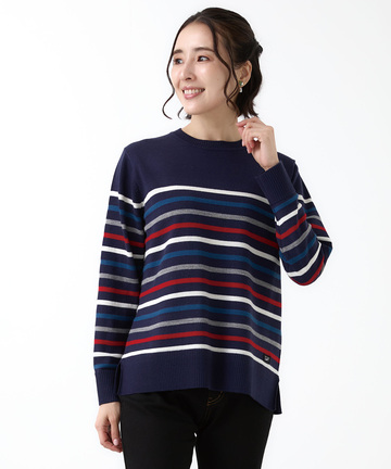 ウールブレンド パネルボーダー柄 ニット【手洗いOK】