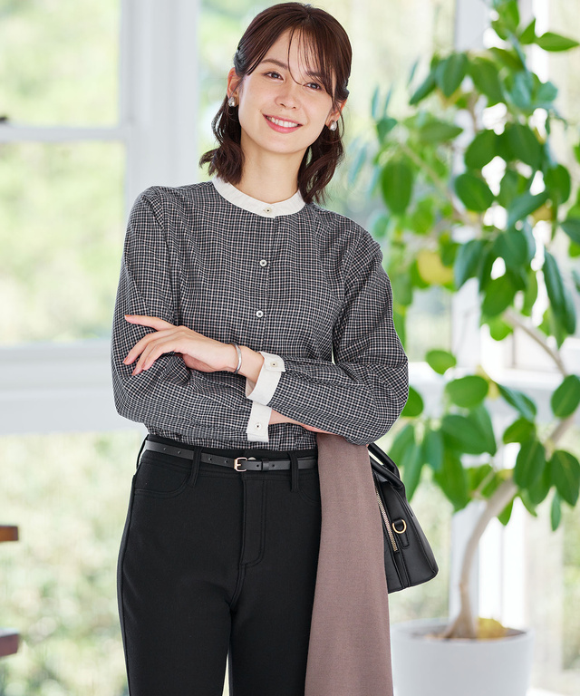 バンドカラー チェック柄 ブラウス