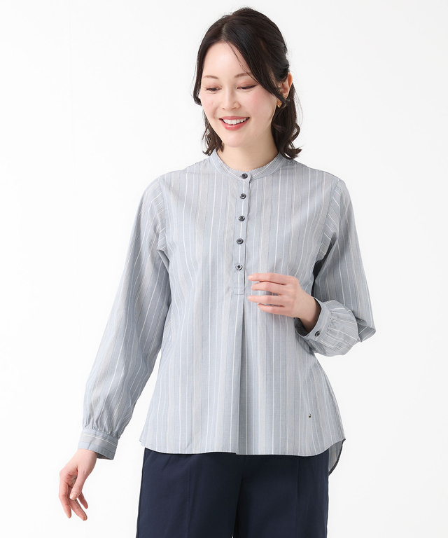 ストライプ バンドカラー ブラウス