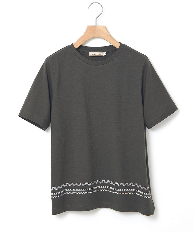 裾刺繍 スラブ天竺 Tシャツ