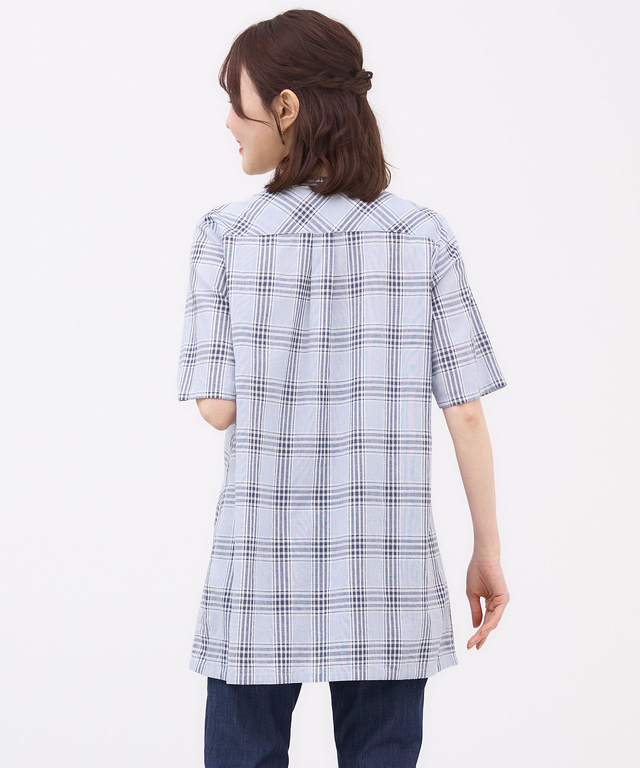 リネンブレンド バンドカラー チェック チュニック【オンラインショップ・一部店舗限定】