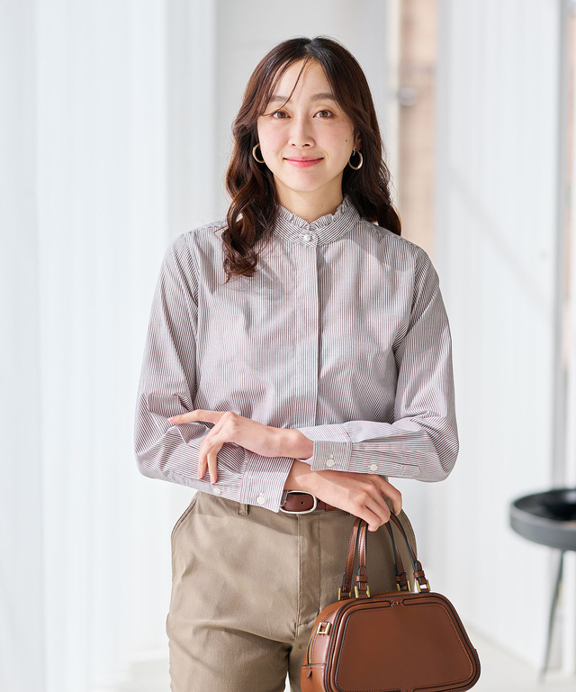 フリルカラー ストライプ ブラウス