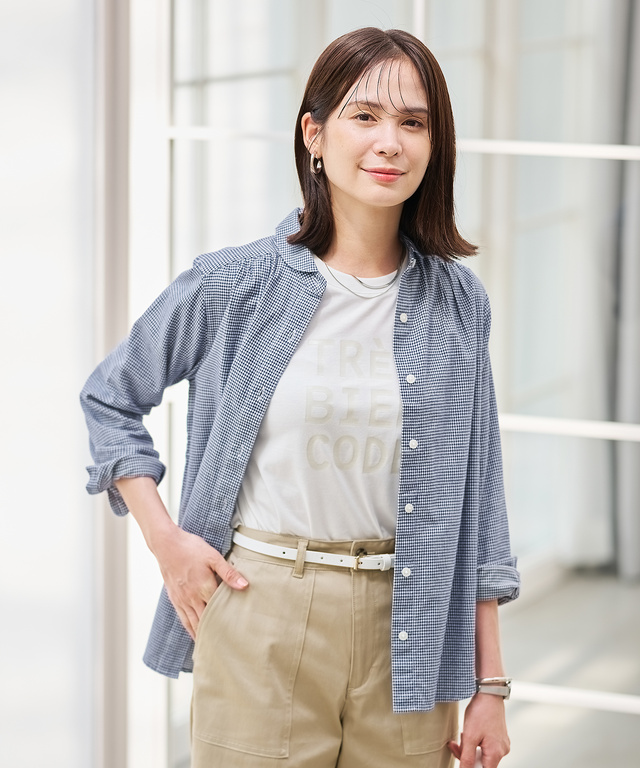 ショールカラー ギンガムチェック ブラウス