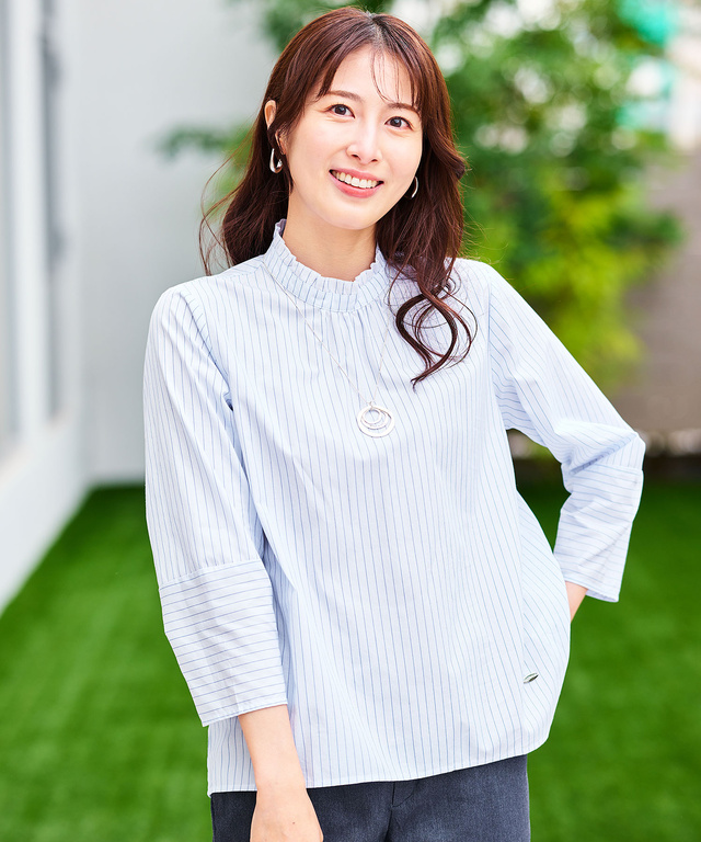 フリル襟 ストライプ ブラウス