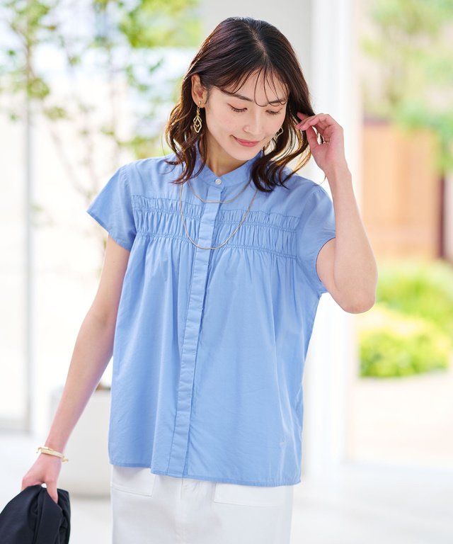 ギャザー バンドカラーブラウス