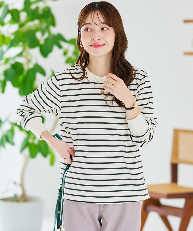 リブ切り替え ボーダー ロングTシャツ