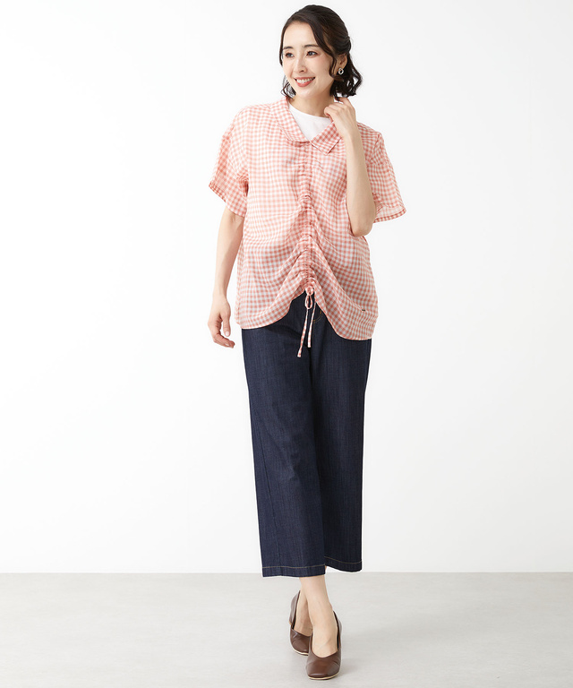 フロントギャザー チェック ブラウス