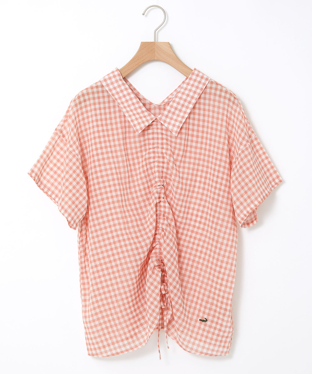 フロントギャザー チェック ブラウス