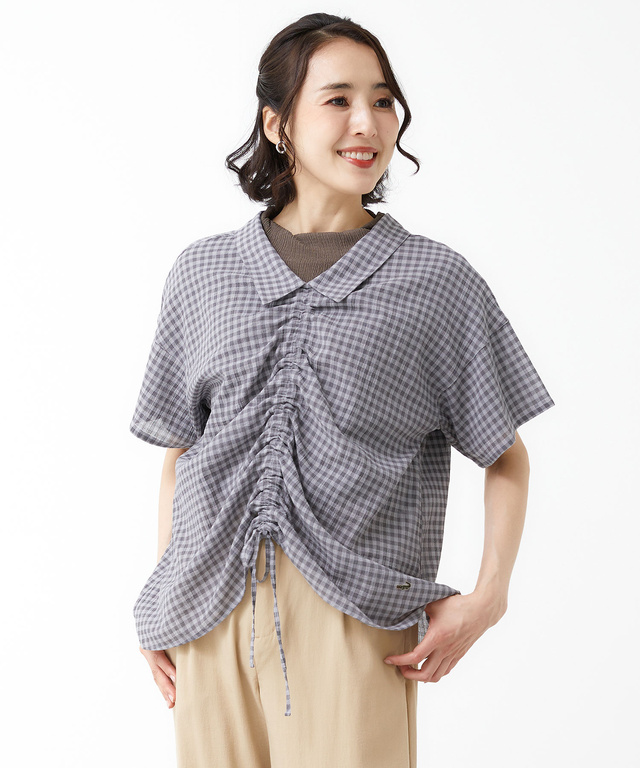 フロントギャザー チェック ブラウス