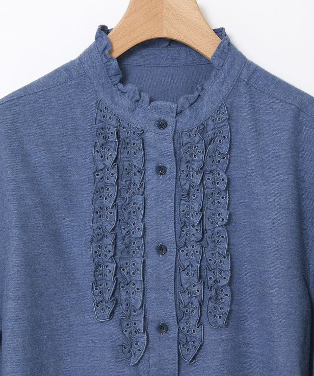 刺繍フリルデザイン 長袖 ブラウス