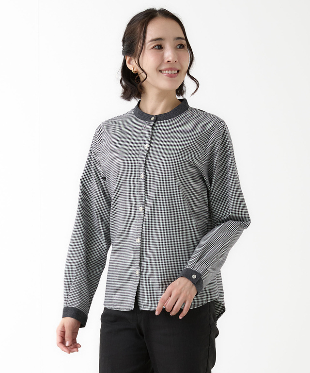 バンドカラー チェック柄 ブラウス