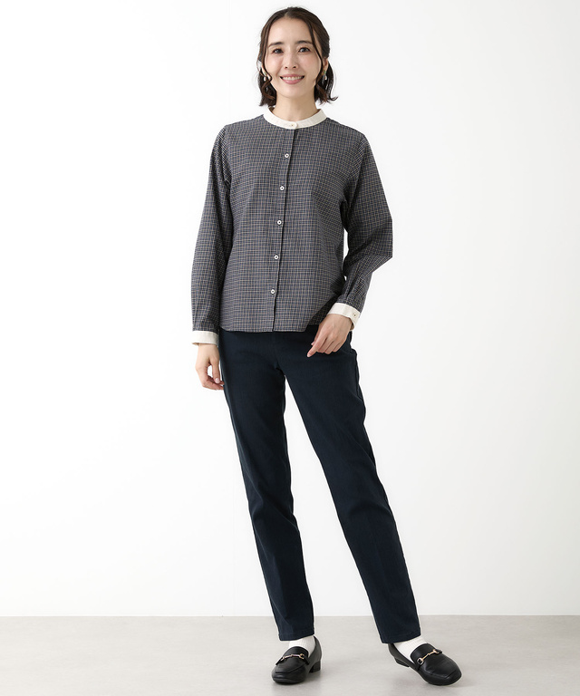 バンドカラー チェック柄 ブラウス