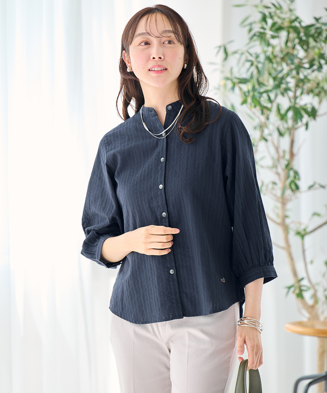 パナマストライプ バンドカラー ブラウス