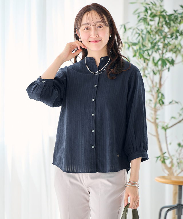 パナマストライプ バンドカラー ブラウス