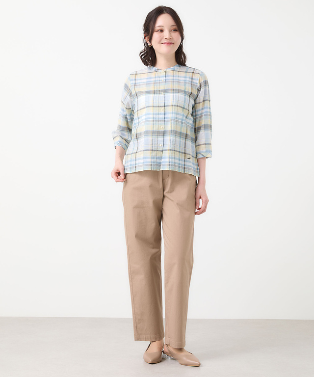 リネンブレンド マドラスチェック 七分袖ブラウス