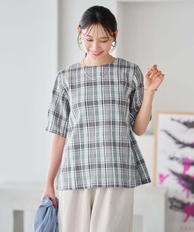 リネンブレンド チェック ブラウス【オンラインショップ・一部店舗限定】