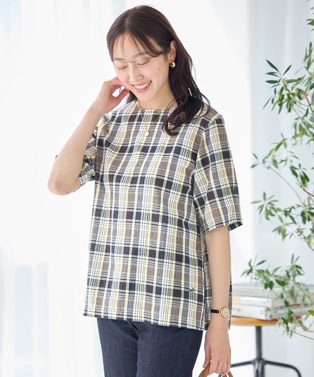 リネンブレンド チェック ブラウス【オンラインショップ・一部店舗限定】