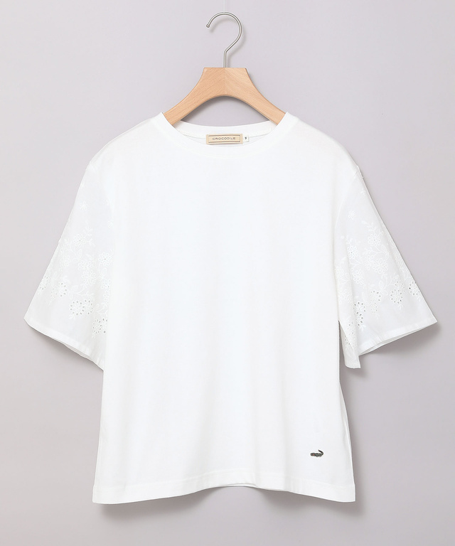 コットン 五分袖 刺繍 Tシャツ