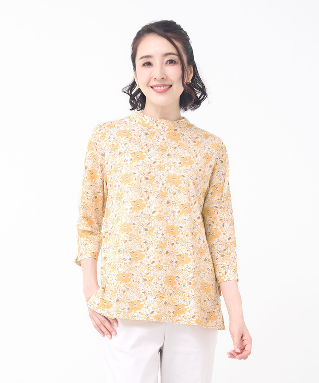 花柄 七分袖 ハイネックカットソー