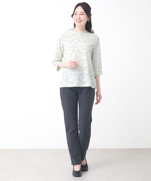 花柄 七分袖 ハイネックカットソー