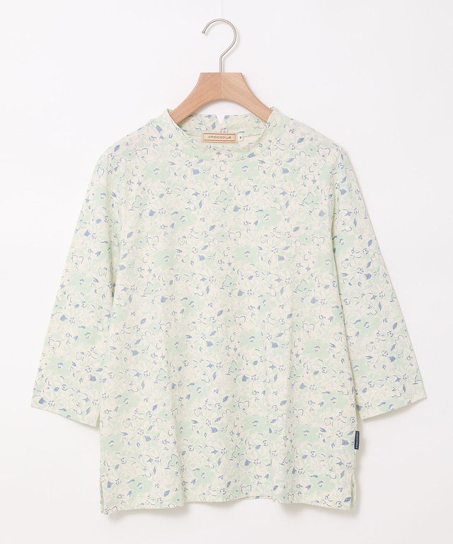 花柄 七分袖 ハイネックカットソー