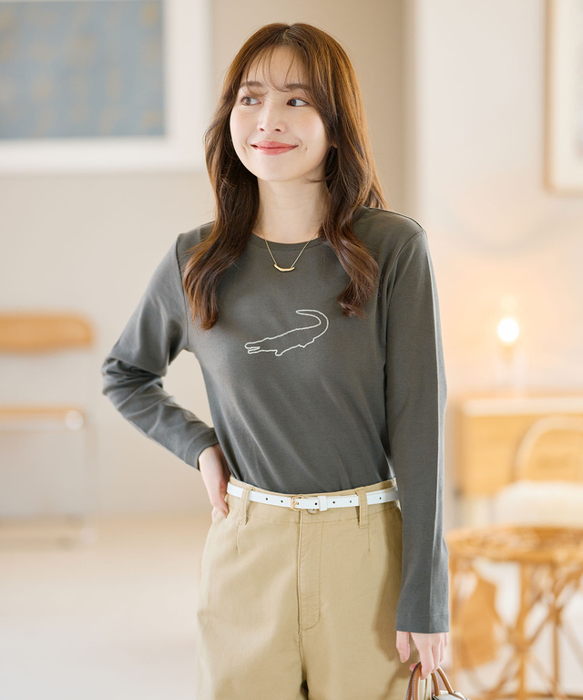 クロコモチーフ チェーンステッチ風 プリントTシャツ