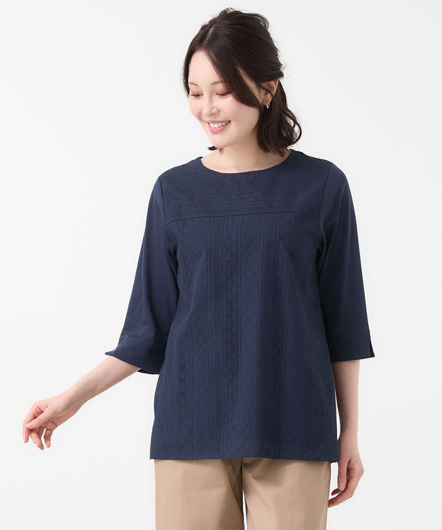 刺繍切り替え 七分袖 カットソー