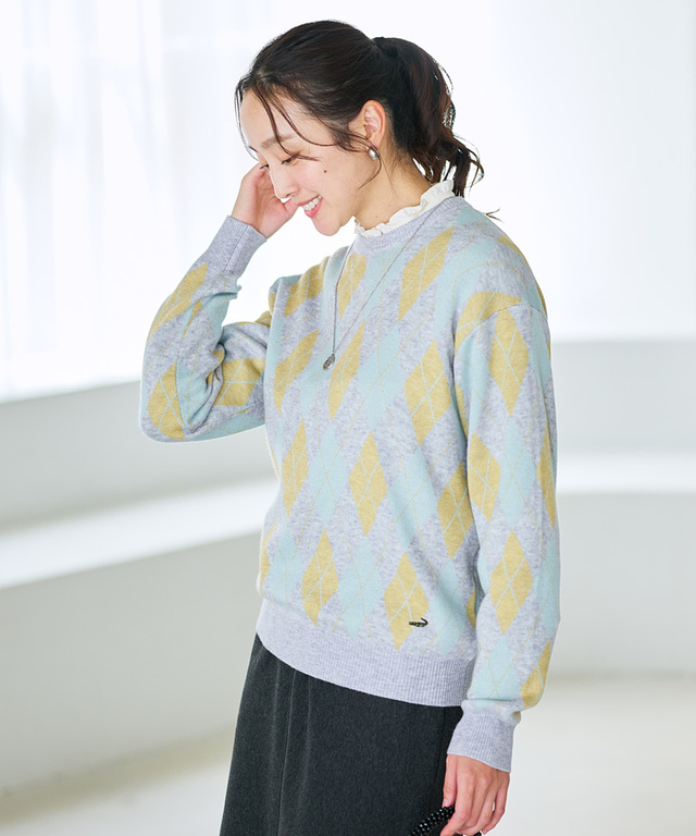 ウールブレンド アーガイル柄 ニット【手洗いOK】