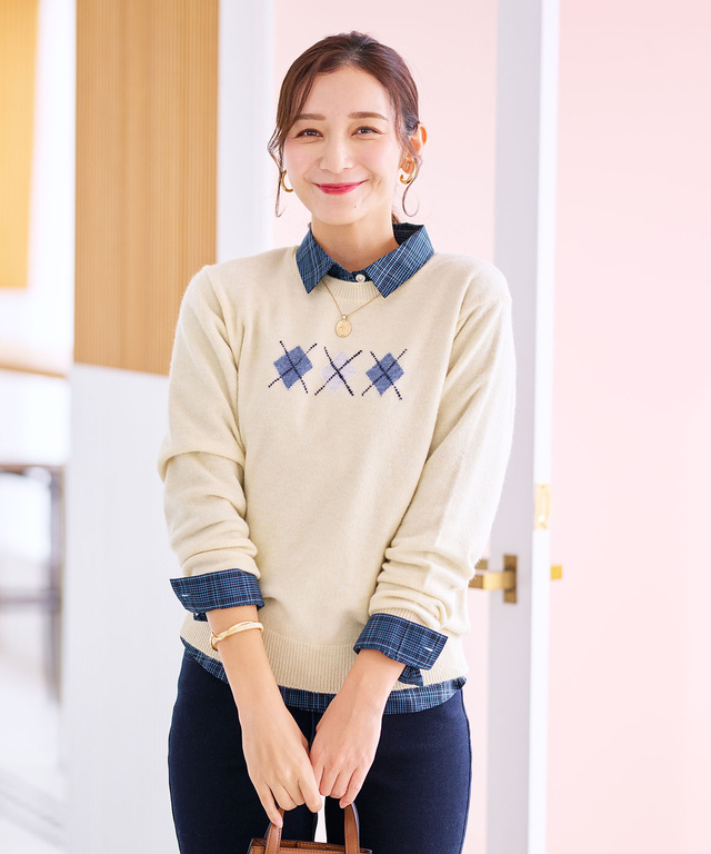 ウールブレンド アーガイル柄 ニット【手洗いOK】