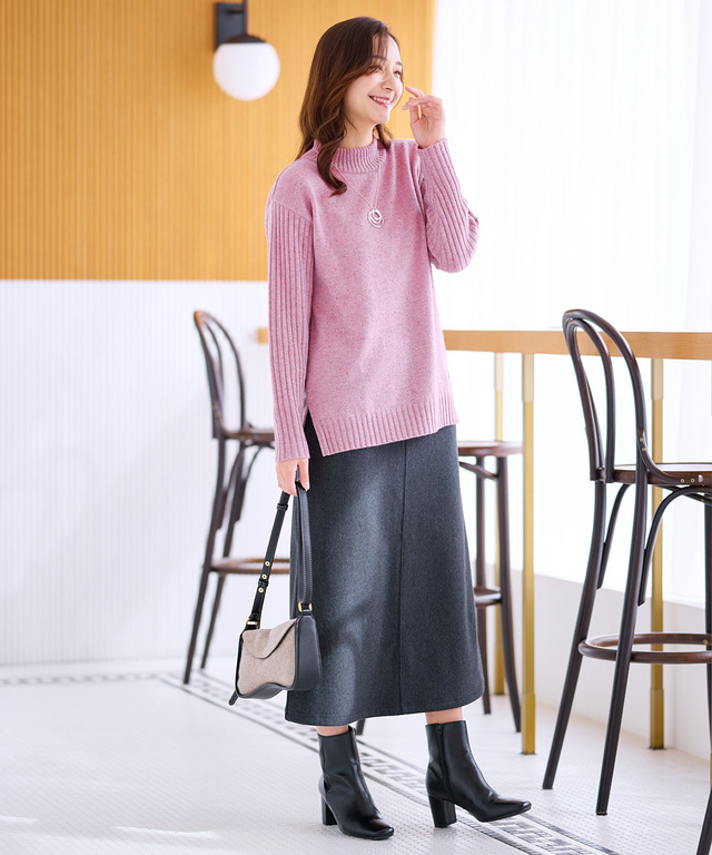 ウールブレンド ハイネック ネップ ニットチュニック【手洗いOK】【オンラインショップ限定】