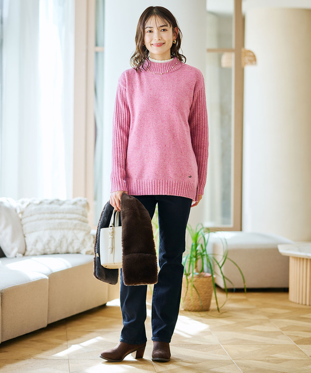 ウールブレンド ハイネック ネップ ニットチュニック【手洗いOK】【オンラインショップ限定】