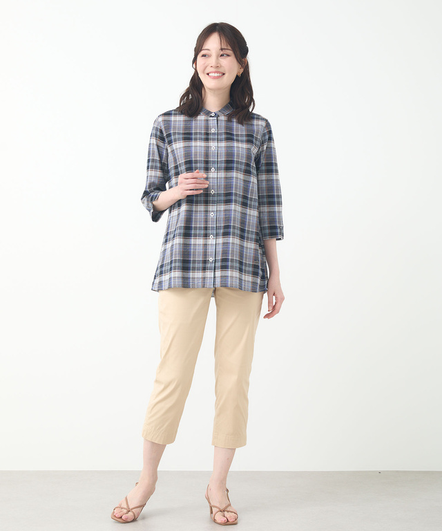 コットンリネン チェック バンドカラーチュニック【一部店舗限定】