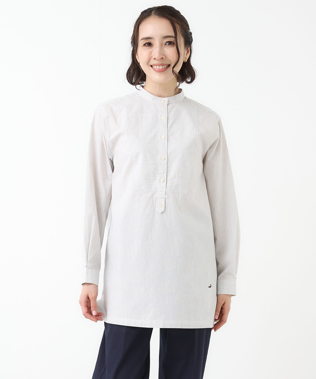 ストライプ切り替え バンドカラー チュニック【オンラインショップ・一部店舗限定】