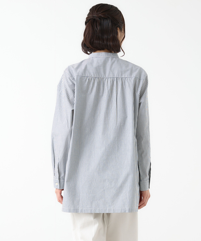 ストライプ切り替え バンドカラー チュニック【オンラインショップ・一部店舗限定】