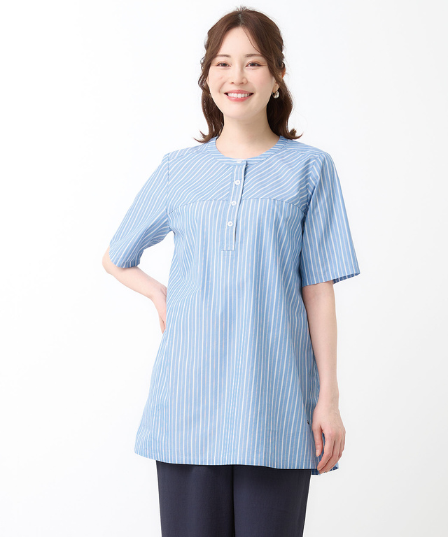 ストライプ バンドカラー チュニック【オンラインショップ・一部店舗限定】