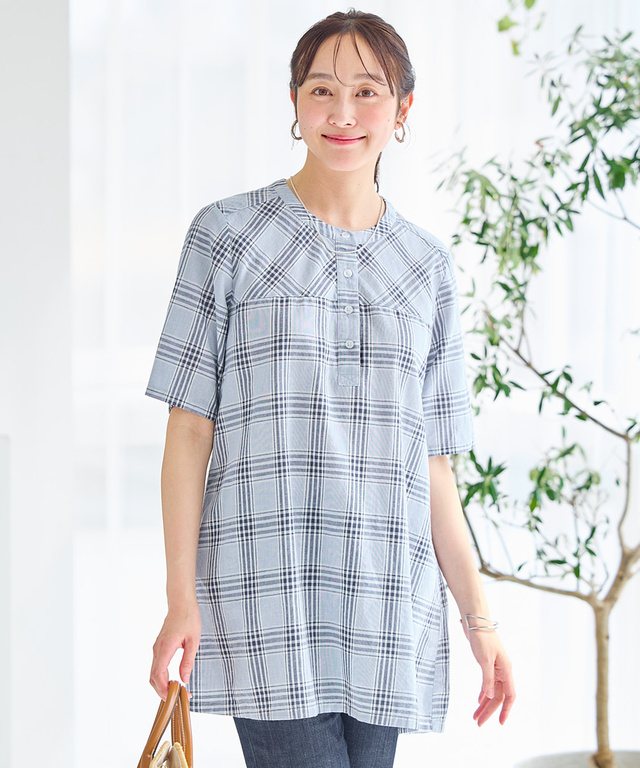 リネンブレンド バンドカラー チェック チュニック【オンラインショップ・一部店舗限定】