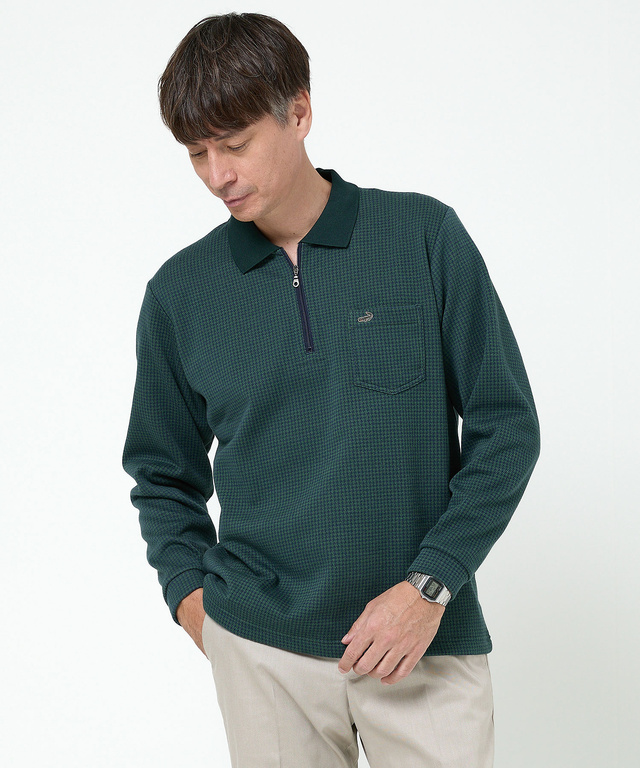 千鳥柄 ハーフジップ ポロシャツ