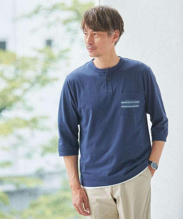 ヘンリーネック 七分袖 Tシャツ【吸汗速乾】