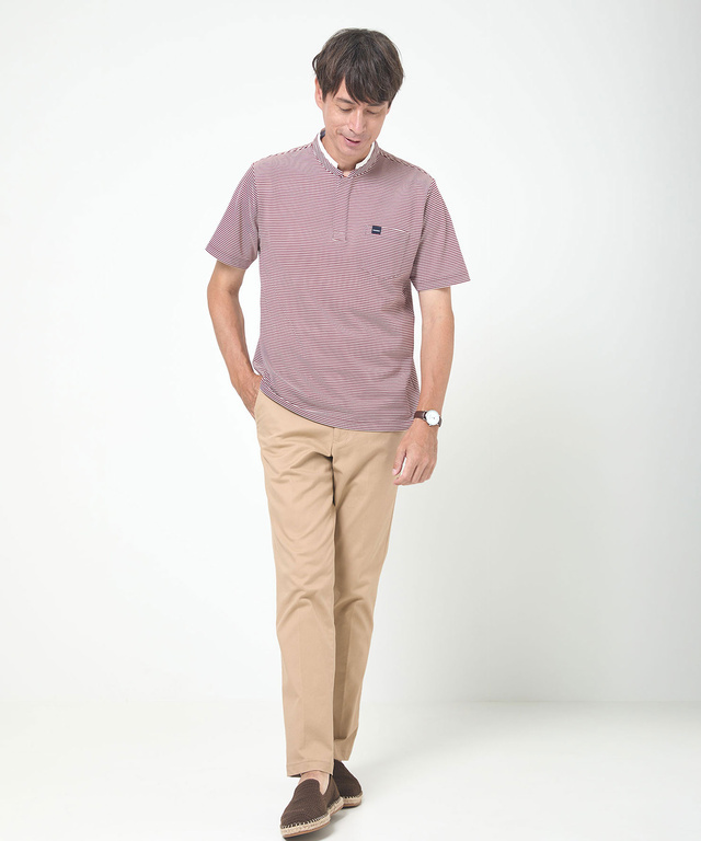 スタンド襟 微塵ボーダー柄 プルオーバー