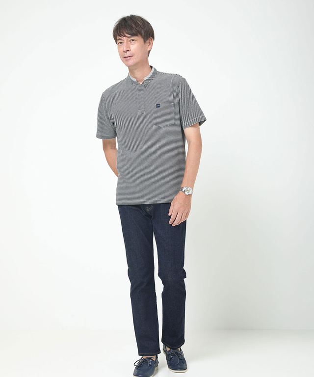 スタンド襟 微塵ボーダー柄 プルオーバー