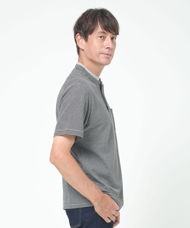 スタンド襟 微塵ボーダー柄 プルオーバー