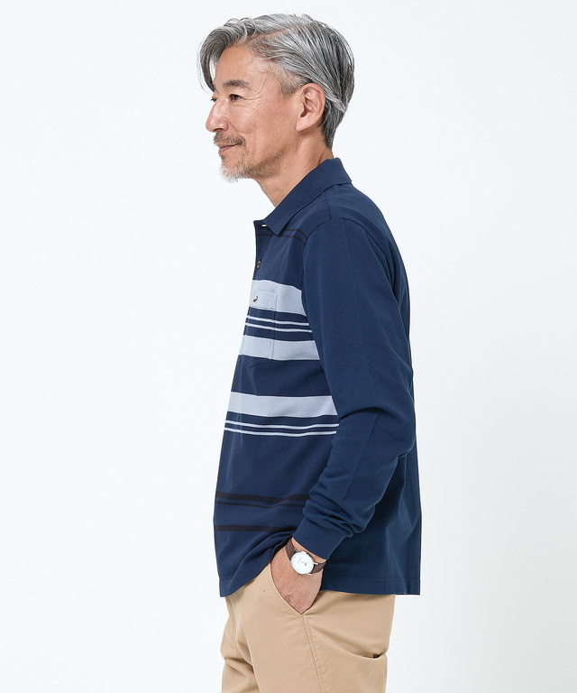 パネルボーダー 長袖ポロシャツ【日本製生地】