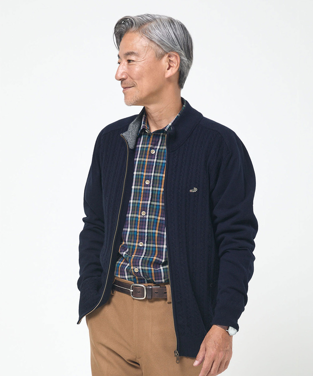 ケーブル柄 フルジップ カーディガン