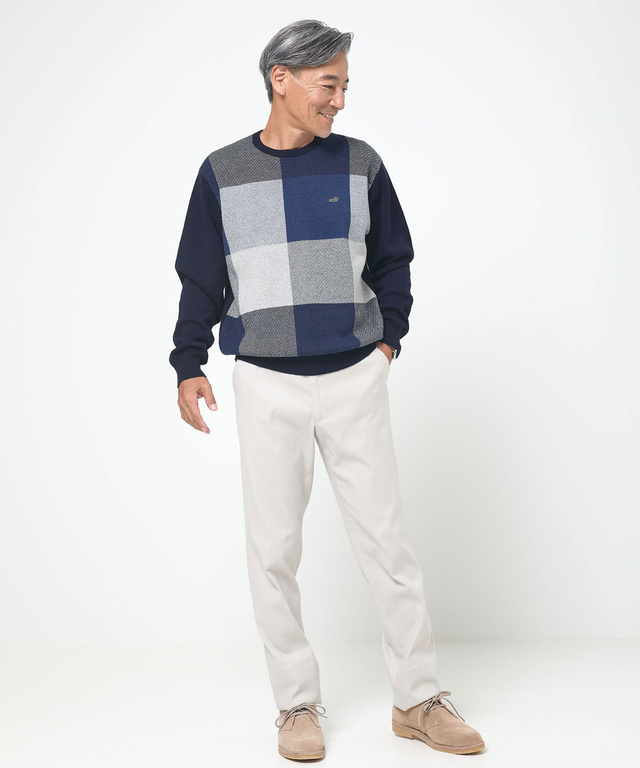 カシミヤブレンド ブロックチェック ニット【手洗いOK】