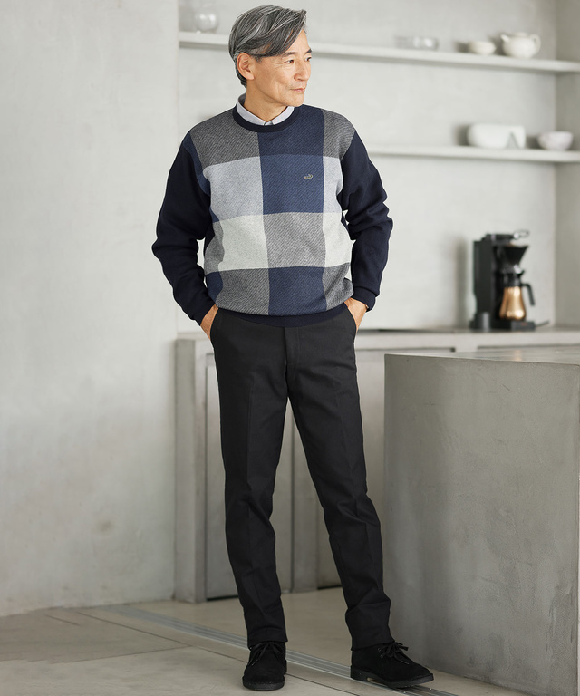 カシミヤブレンド ブロックチェック ニット【手洗いOK】